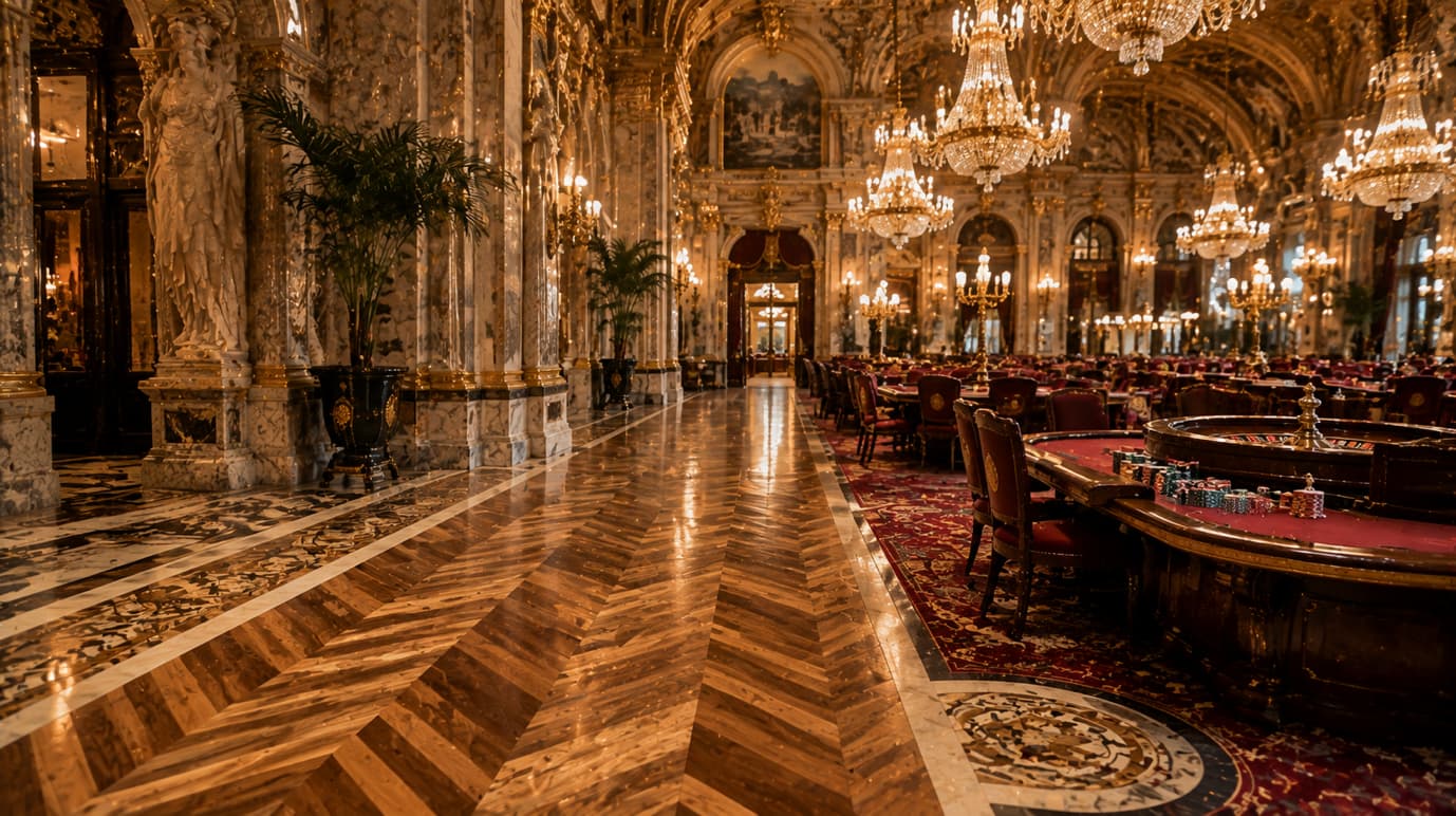 Parquet italiano di lusso nelle sale da gioco e da roulette dei casinò di Monte Carlo.